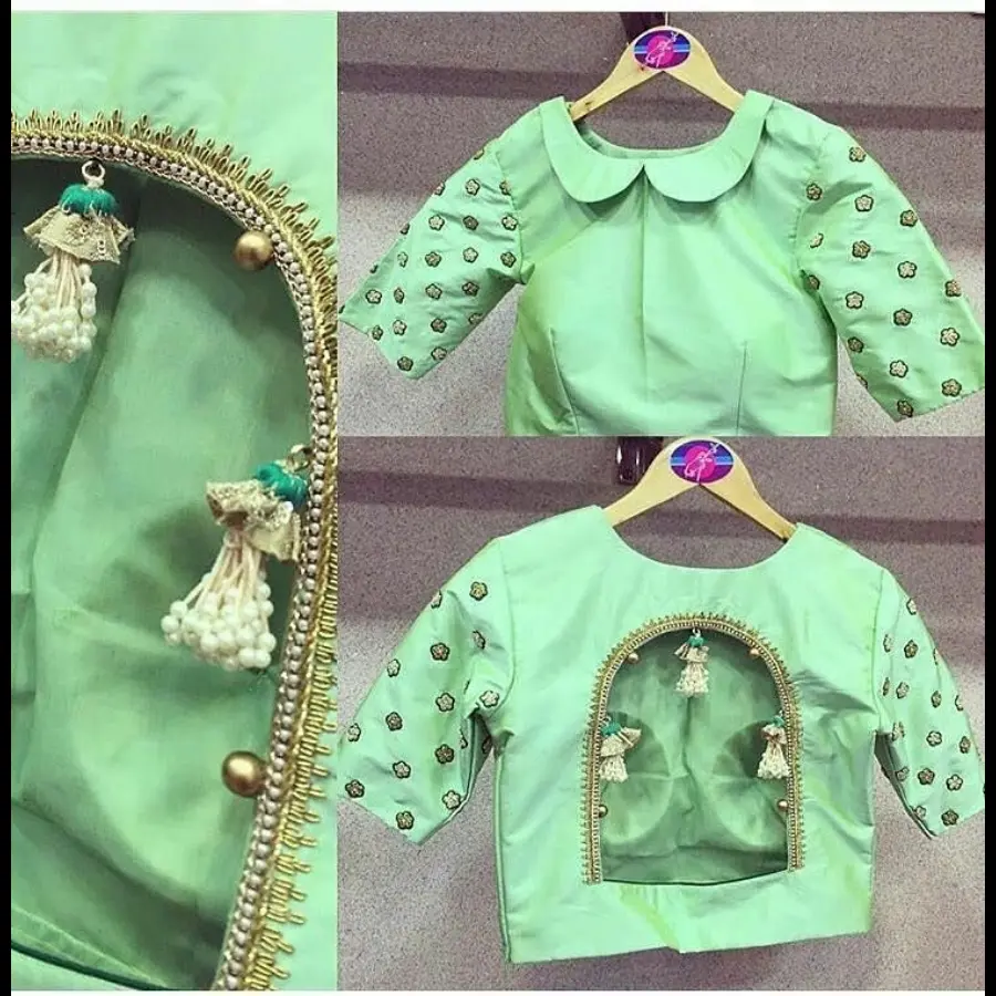 Sea green designer collar, full sleeve back open hand zardosi work Designer wedding saree lehenga blouses